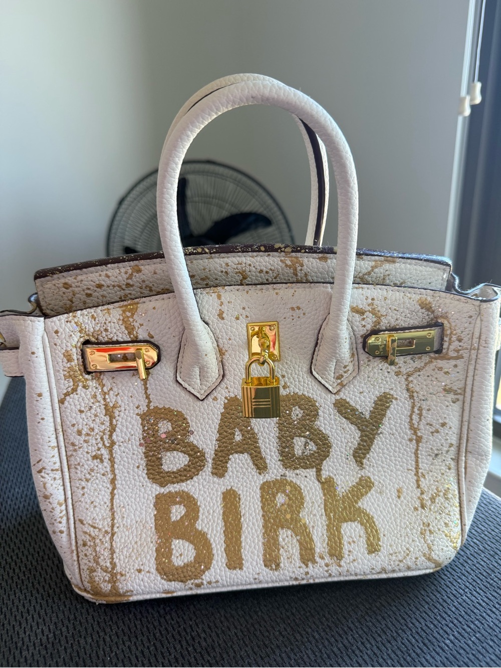 Anca Barbu Baby Birk Custom White Gold Glitter Paint Splatter Satchel Bag